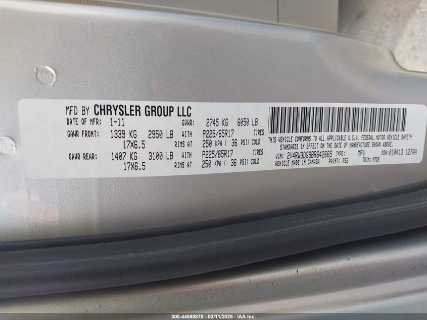 2011 Volkswagen Routan Se VIN: 2V4RW3DG9BR642665 Lot: 44590878