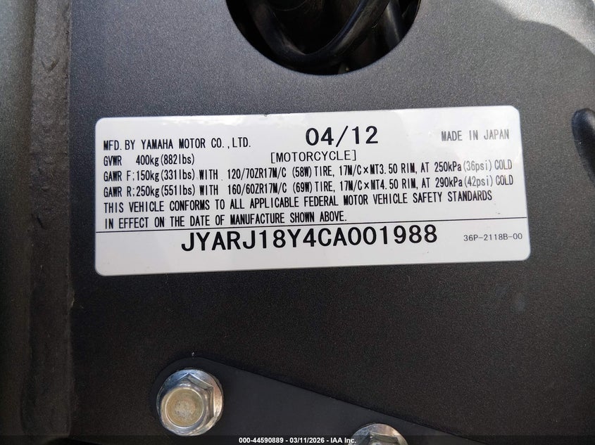 2012 Yamaha Fz6 Rc VIN: JYARJ18Y4CA001988 Lot: 44590889