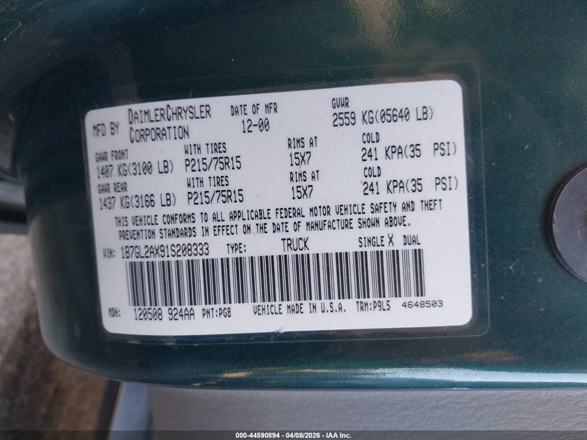 2001 Dodge Dakota Slt/Sport VIN: 1B7GL2AX91S208333 Lot: 44590894