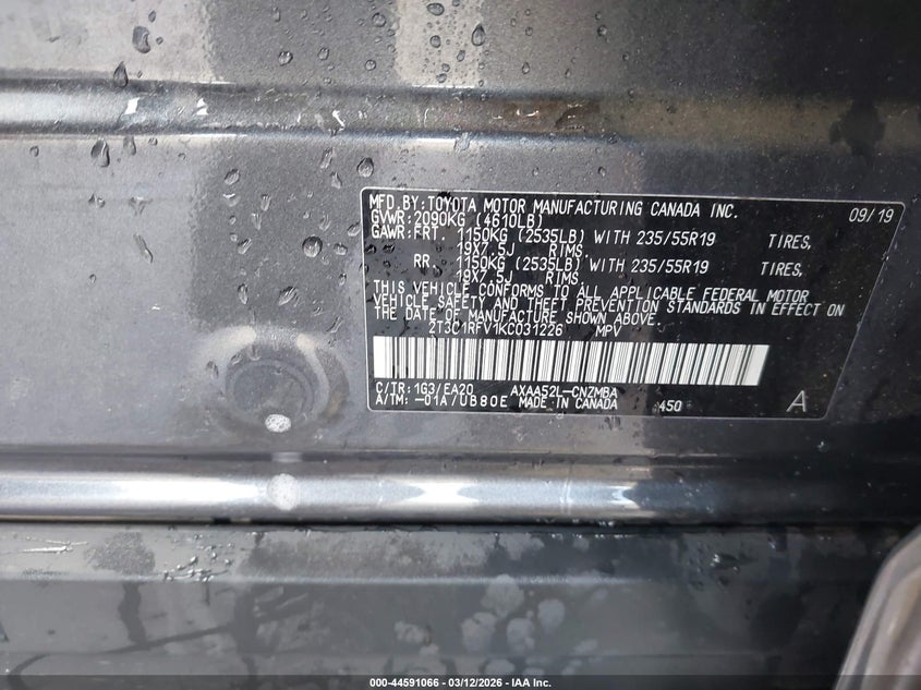 VIN 2T3C1RFV1KC031226 2019 TOYOTA RAV4 XLE PREMIUM