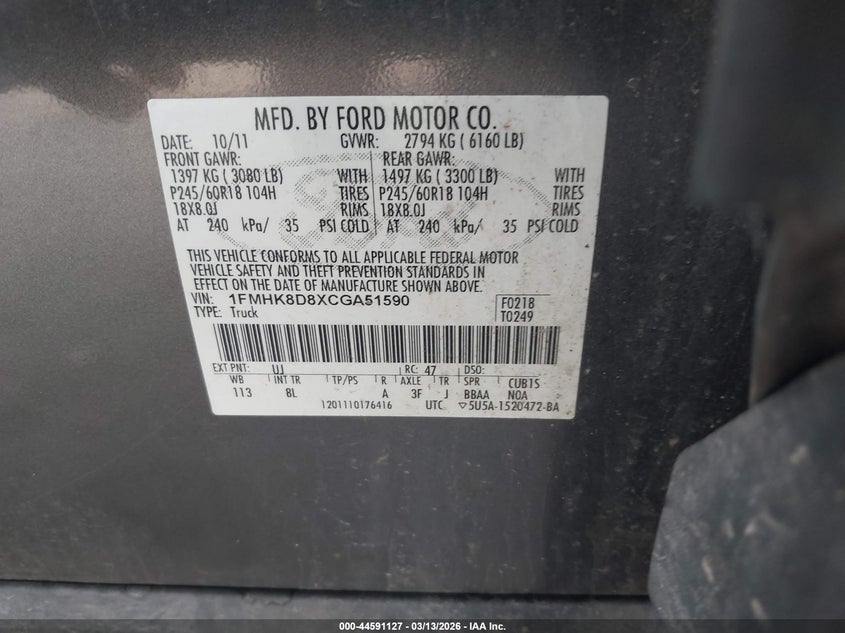 2012 Ford Explorer 3.5 Xlt grey Lot 111044591127 Vin 1FMHK8D8XCGA51590