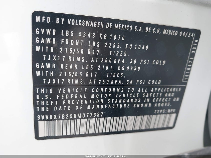 VOLKSWAGEN TAOS 2024 VIN 3VV5X7B29RM077387