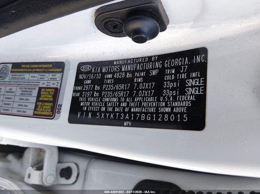 2011 KIA SORENTO SPORT UTILITY VEHICLE 2.4L I-4 DOHC, VVT, 175HP