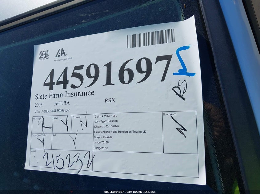 2005 Acura Rsx VIN: JH4DC54815S008639 Lot: 44591697