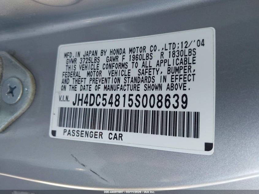 2005 Acura Rsx VIN: JH4DC54815S008639 Lot: 44591697