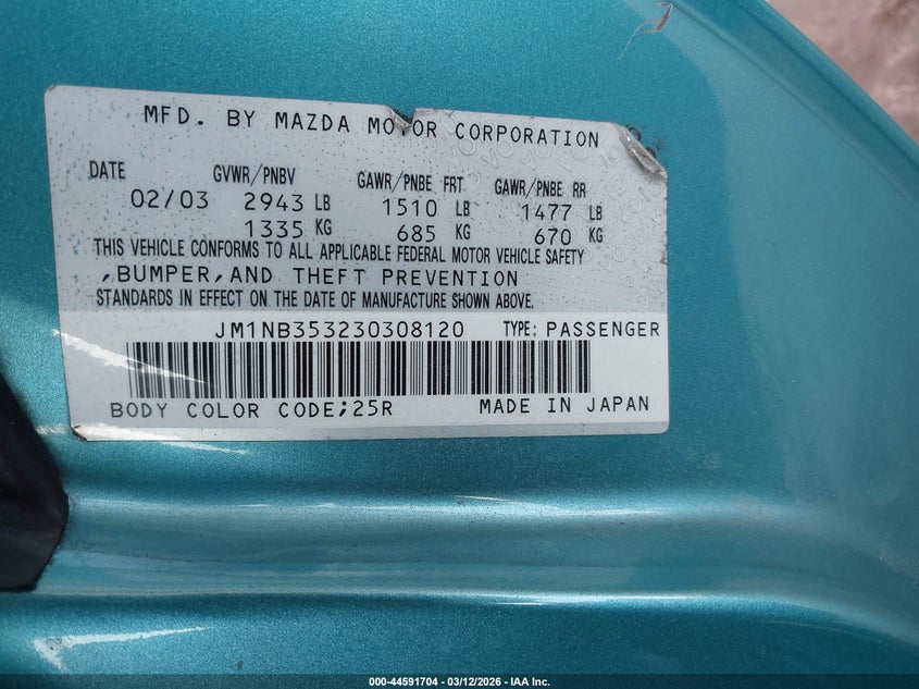 2003 Mazda Mx-5 Miata Cloth/Ls/Se/Shinsen VIN: JM1NB353230308120 Lot: 44591704