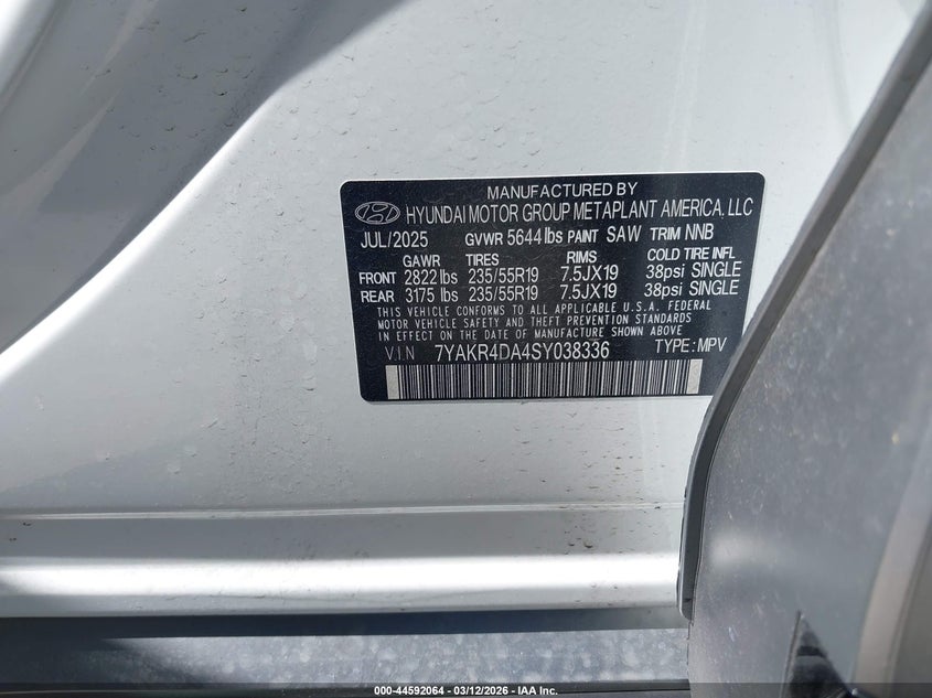2025 Hyundai Ioniq 5 Limited VIN: 7YAKR4DA4SY038336 Lot: 44592064