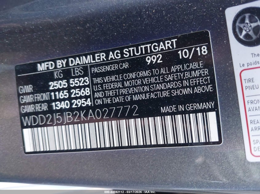 2019 Mercedes-Benz Cls 450 VIN: WDD2J5JB2KA027772 Lot: 44592112