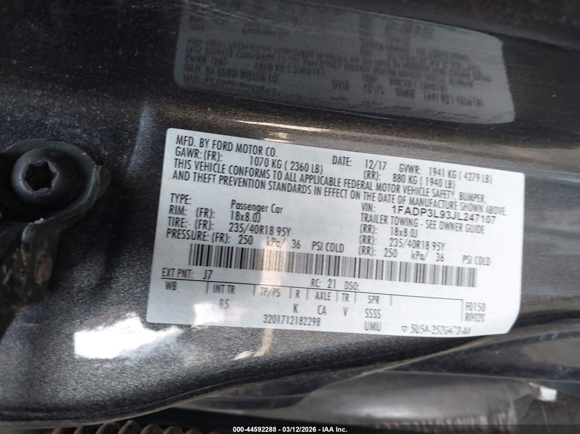 2018 Ford Focus St VIN: 1FADP3L93JL247107 Lot: 44592288