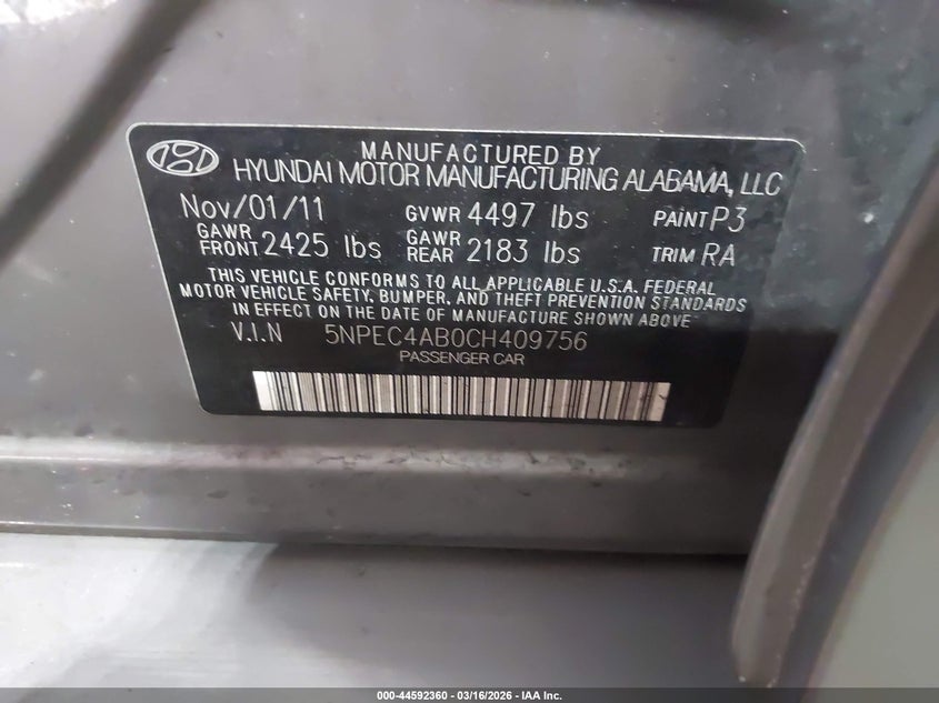 5NPEC4AB0CH409756 2012 Hyundai Sonata 2.0 Se 2.0T grey
