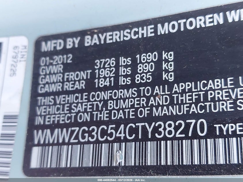 2012 Mini Cooper S Clubman VIN: WMWZG3C54CTY38270 Lot: 44592544