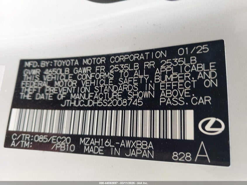 2025 Lexus Ux 300H Premium VIN: JTHUCJDH5S2008745 Lot: 44592697