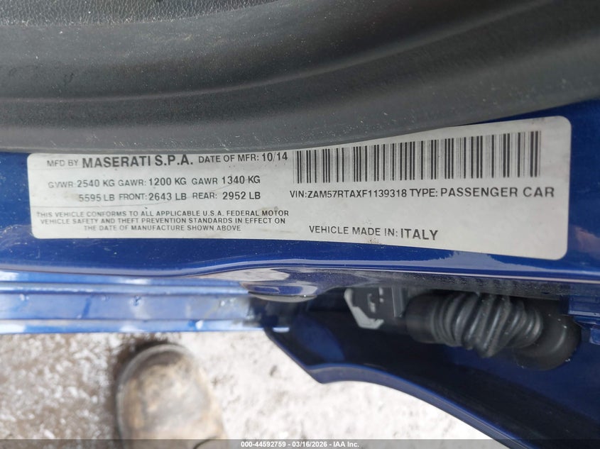 2015 Maserati Ghibli S Q4 VIN: ZAM57RTAXF1139318 Lot: 46474666