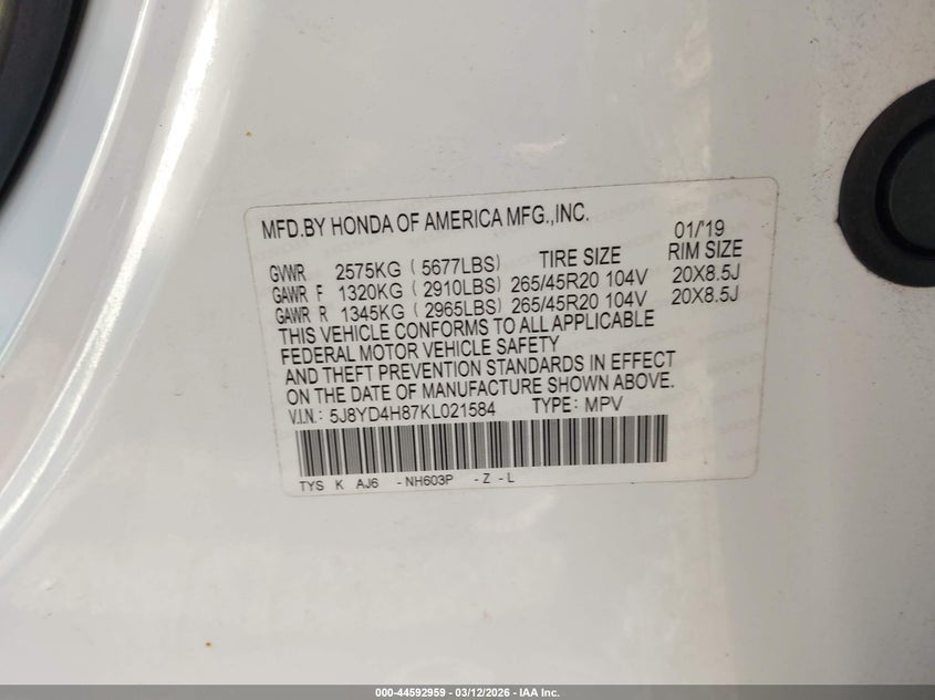 2019 Acura Mdx Advance Pkg VIN: 5J8YD4H87KL021584 Lot: 44592959