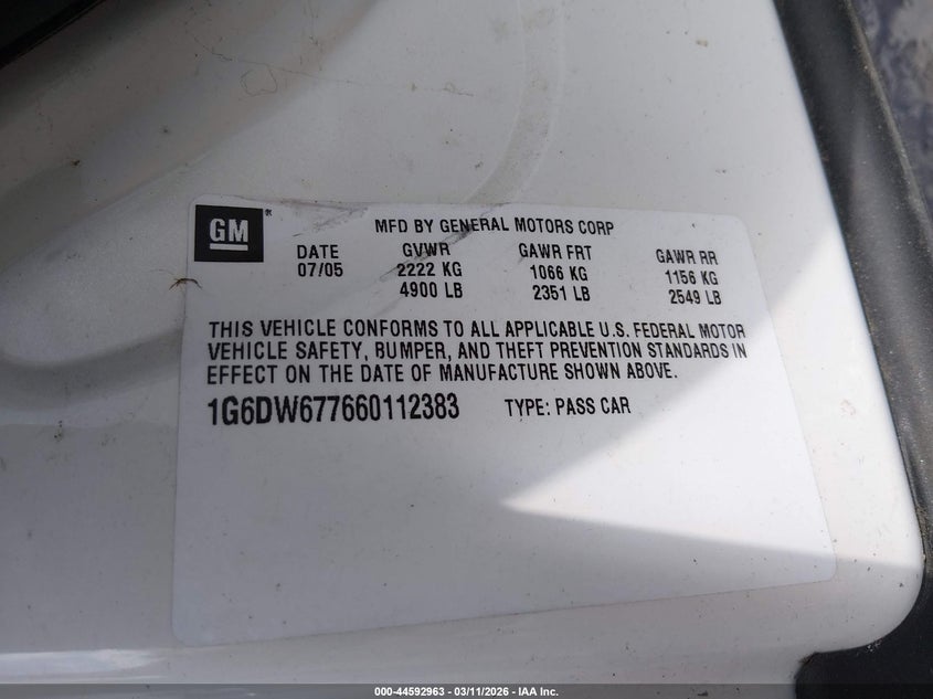 2006 Cadillac Sts V6 VIN: 1G6DW677660112383 Lot: 44592963