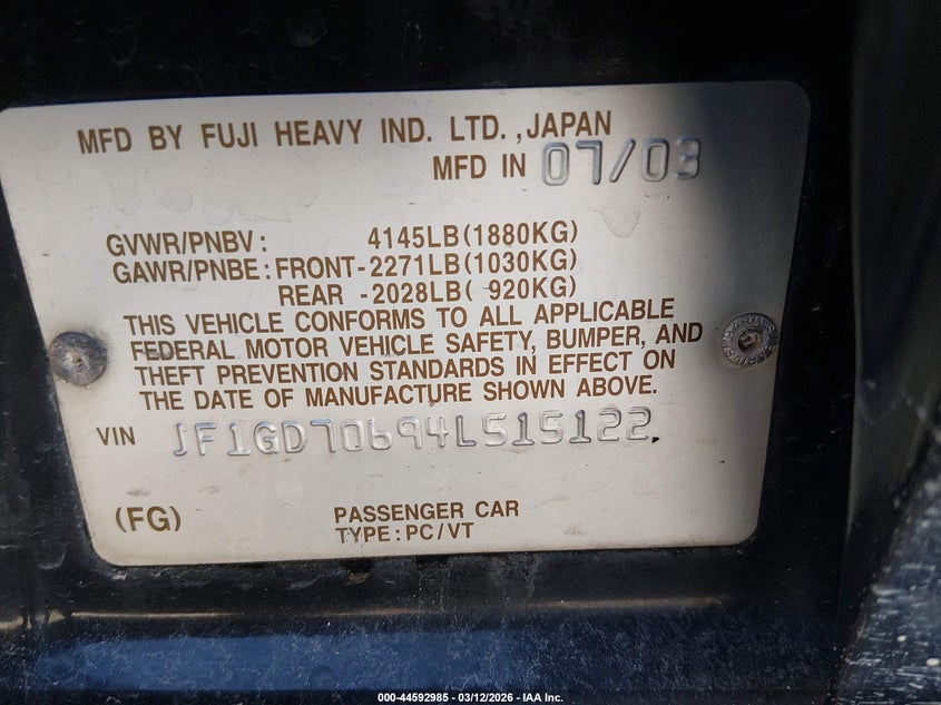 2004 Subaru Impreza Wrx Sti VIN: JF1GD70694L515122 Lot: 44592985