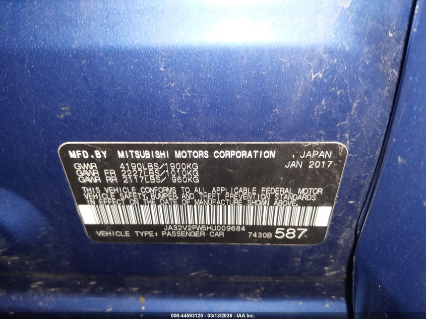 2017 Mitsubishi Lancer Se VIN: JA32V2FW5HU009684 Lot: 44593120