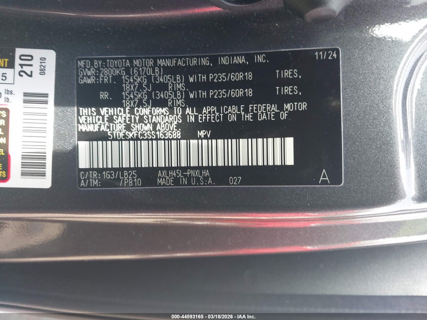 2025 TOYOTA SIENNA 2.5L I-4 DI, DOHC, V(VIN: 5TDESKFC3SS163688