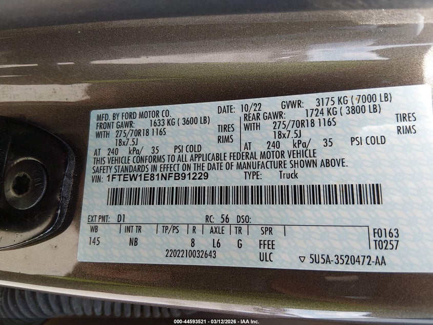 VIN 1FTEW1E81NFB91229 2022 FORD F-150 TREMOR