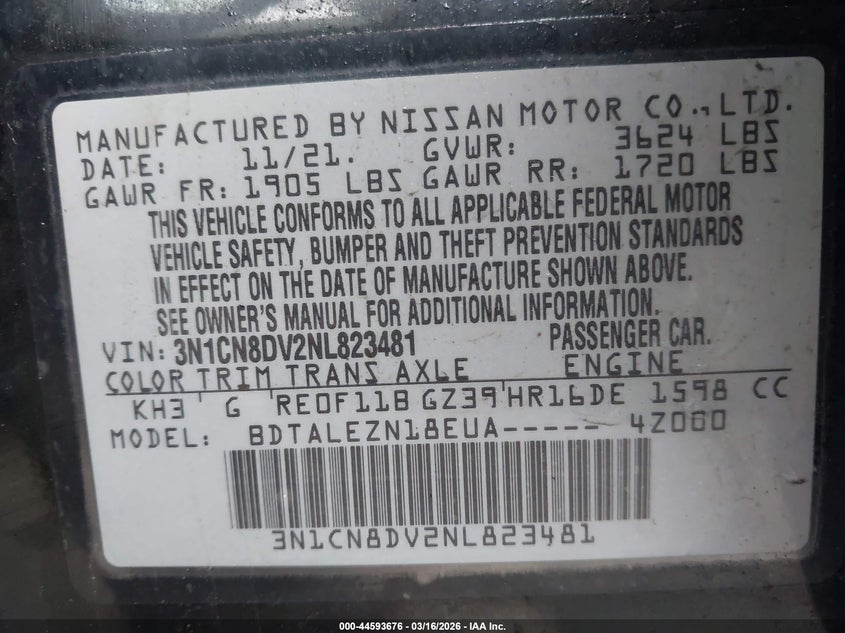 2022 Nissan Versa 1.6 S Xtronic Cvt VIN: 3N1CN8DV2NL823481 Lot: 44593676