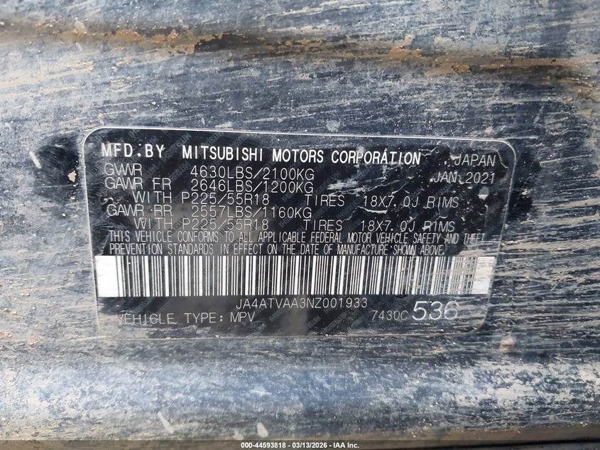 2022 Mitsubishi Eclipse Cross Le S-Awc VIN: JA4ATVAA3NZ001933 Lot: 44593818