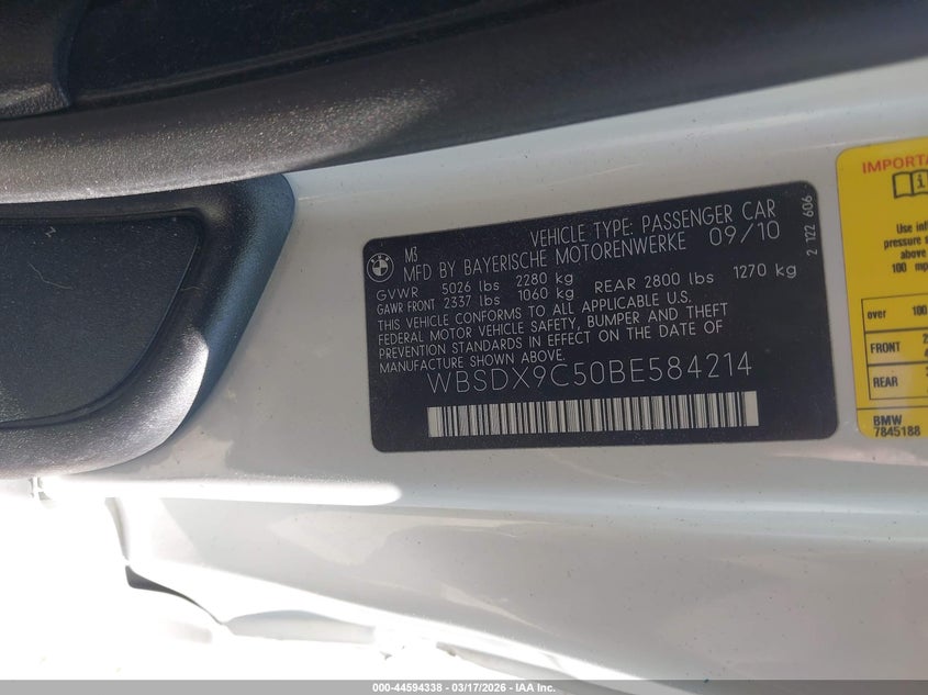2011 BMW M3 VIN: WBSDX9C50BE584214 Lot: 44594338