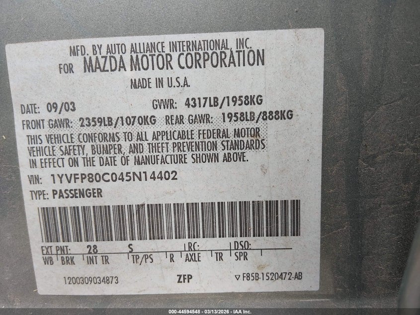 2004 Mazda Mazda6 I VIN: 1YVFP80C045N14402 Lot: 44594548
