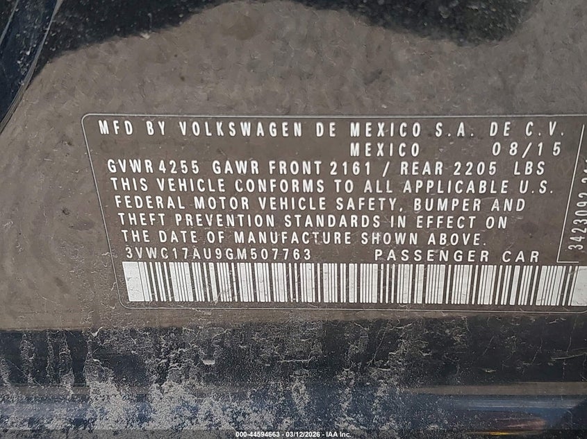 2016 Volkswagen Golf Sportwagen Tsi S 4-Door VIN: 3VWC17AU9GM507763 Lot: 44594663