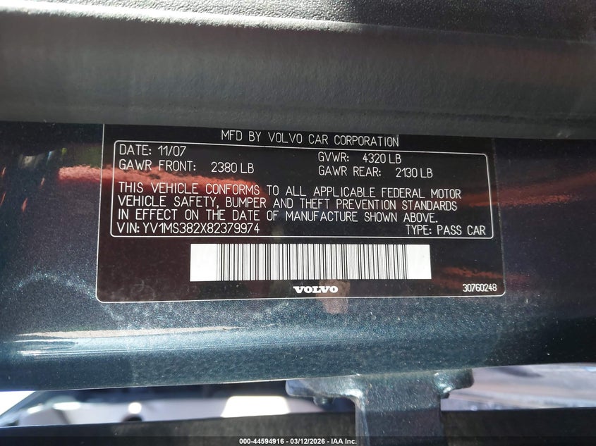 2008 Volvo S40 2.4I VIN: YV1MS382X82379974 Lot: 44594916