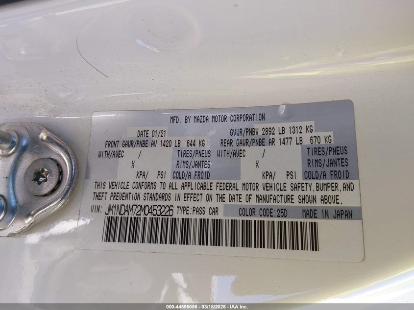 2021 Mazda Mx-5 Miata Rf Grand Touring VIN: JM1NDAM72M0453226 Lot: 44595056