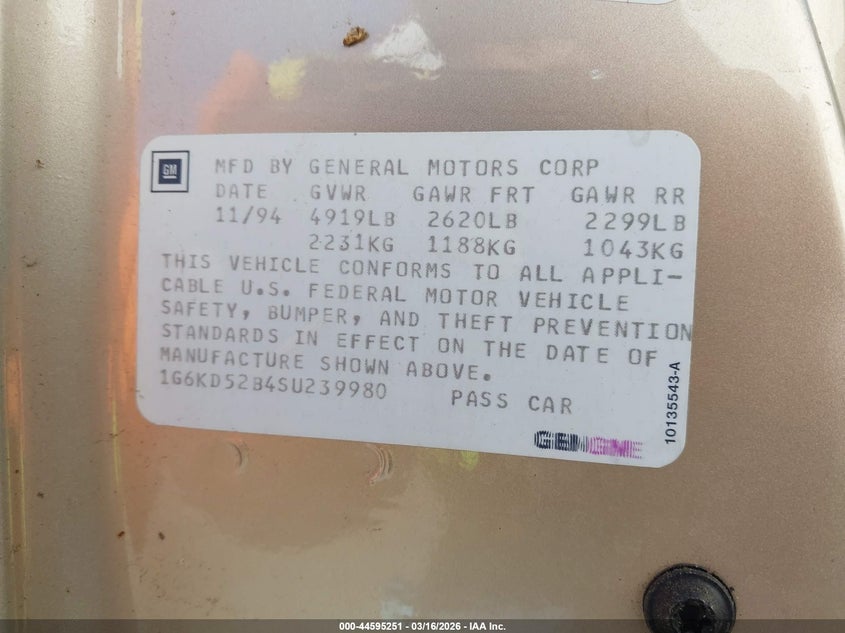 1995 Cadillac Deville VIN: 1G6KD52B4SU239980 Lot: 44595251