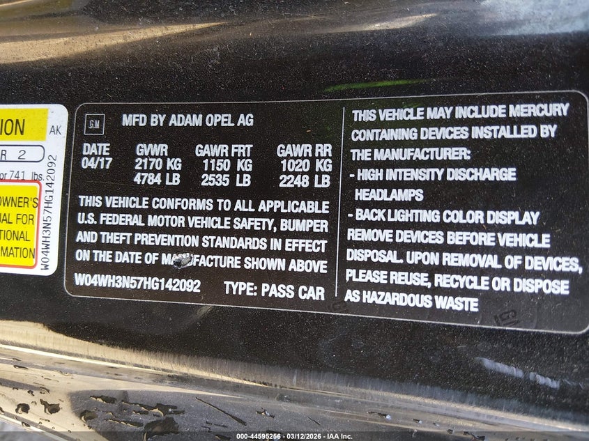 2017 Buick Cascada Premium VIN: W04WH3N57HG142092 Lot: 44595256