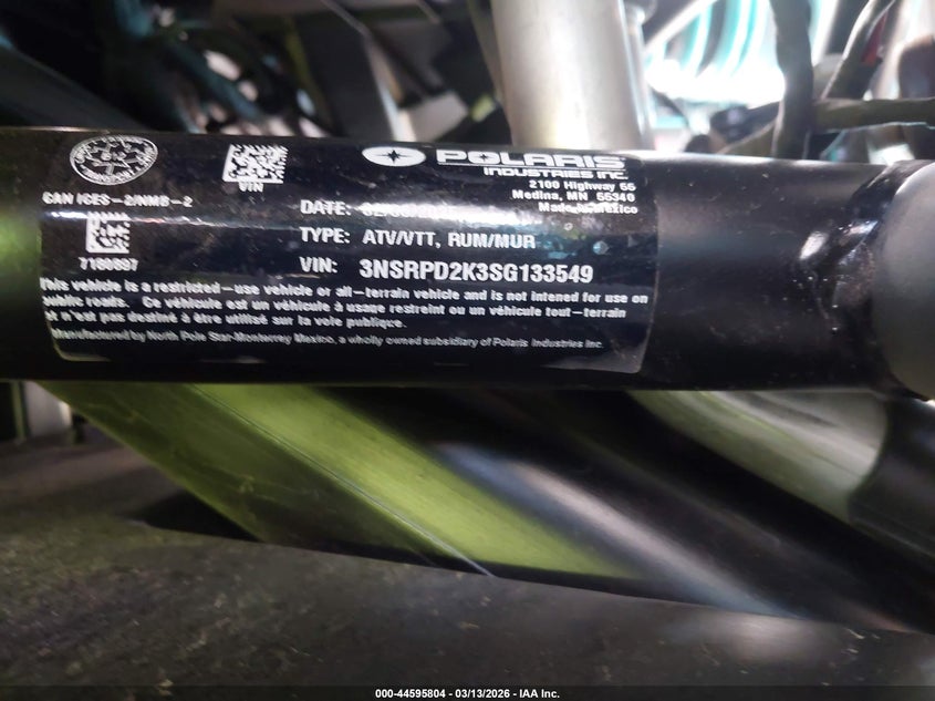 2025 Polaris Rzr VIN: 3NSRPD2K3SG133549 Lot: 44595804