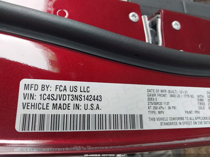 2022 Jeep Wagoneer Series Iii 4X4 VIN: 1C4SJVDT3NS142443 Lot: 44595839