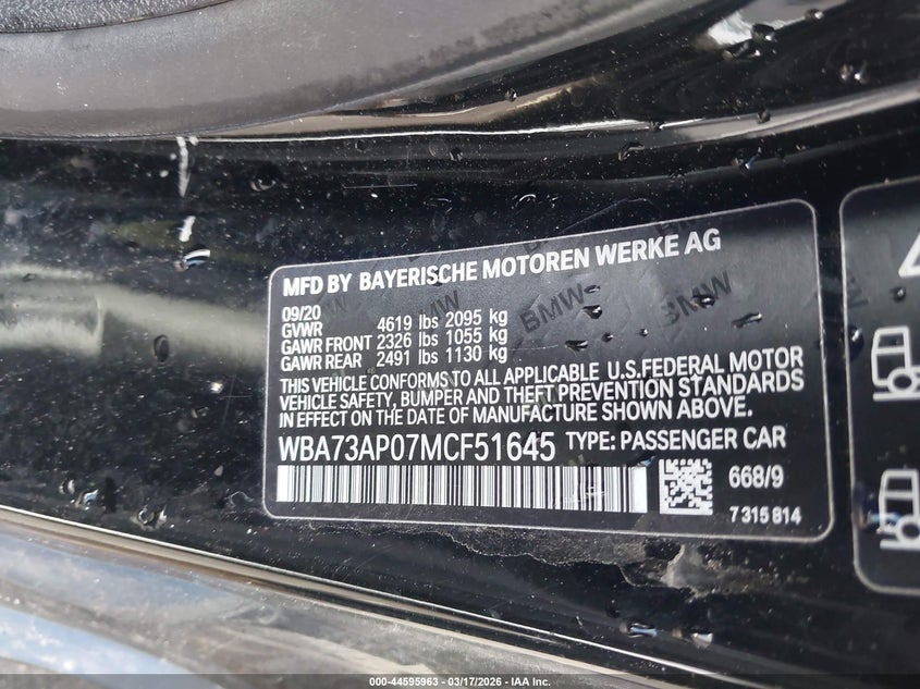 2021 BMW 430I xDrive VIN: WBA73AP07MCF51645 Lot: 44595963