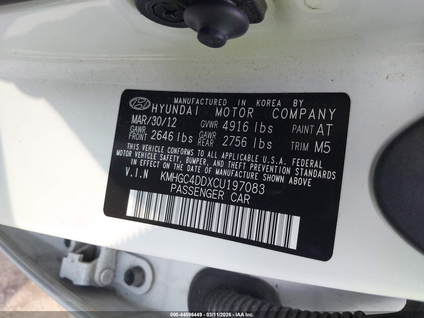 2012 Hyundai Genesis 3.8 VIN: KMHGC4DDXCU197083 Lot: 44596449