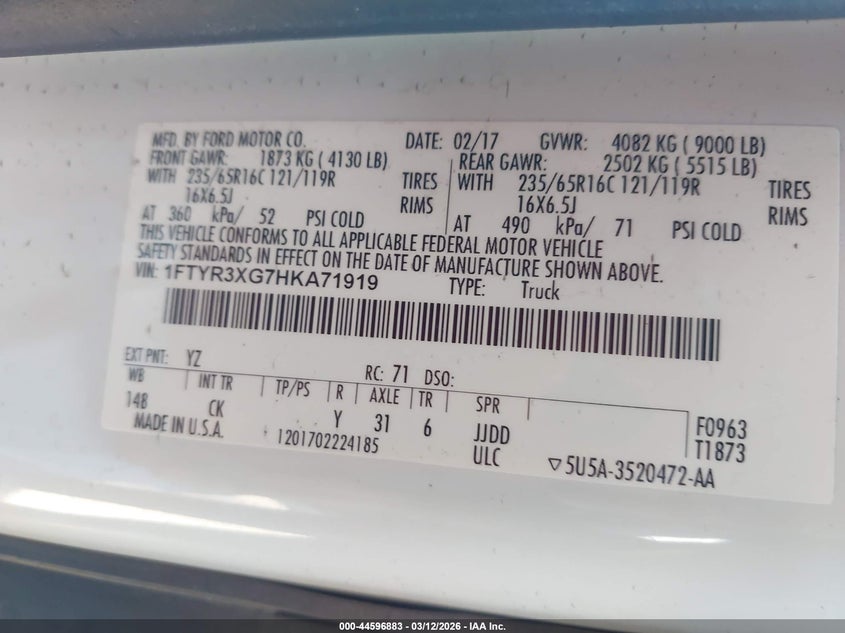 VIN 1FTYR3XG7HKA71919 2017 FORD TRANSIT-250