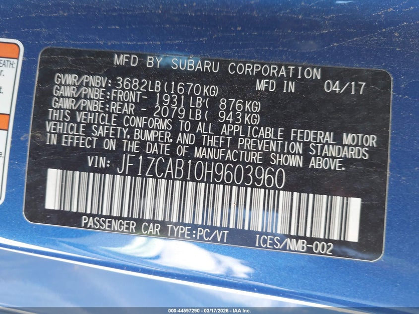 2017 Subaru Brz Premium VIN: JF1ZCAB10H9603960 Lot: 44597290