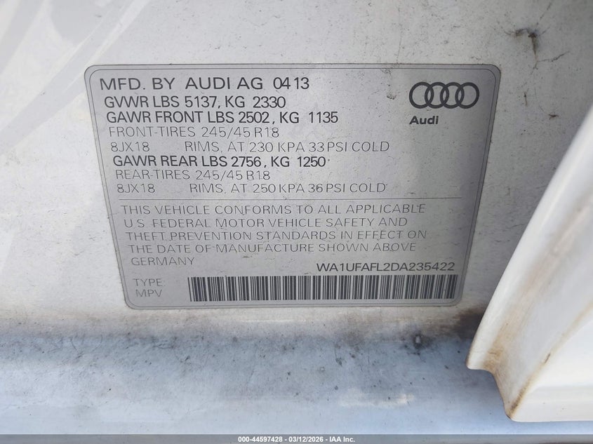 2013 Audi Allroad 2.0T Premium Plus VIN: WA1UFAFL2DA235422 Lot: 44597428