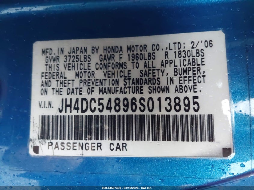 2006 Acura Rsx VIN: JH4DC54896S013895 Lot: 44597490