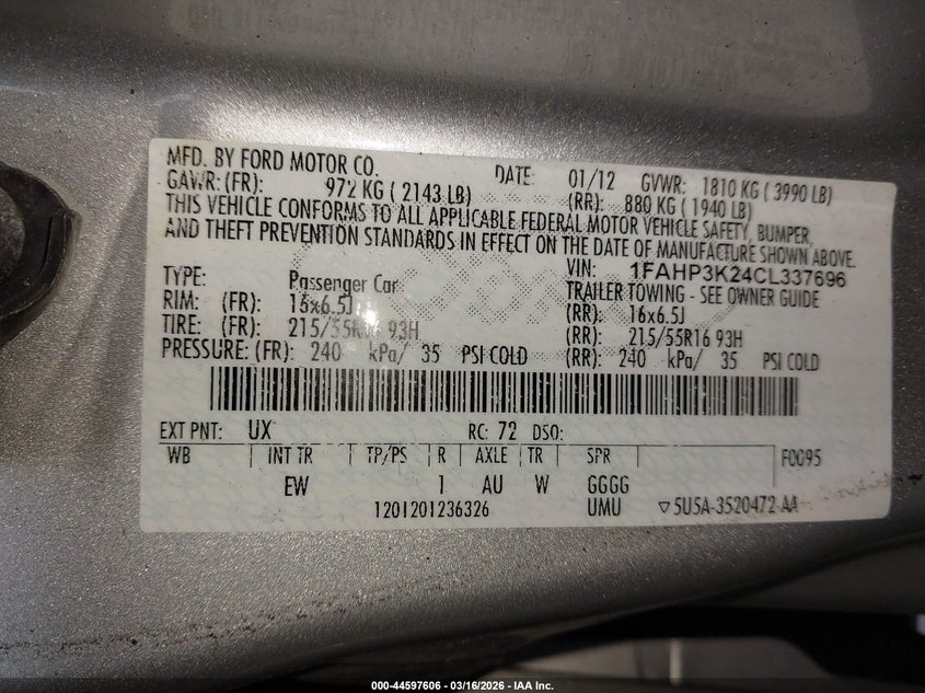 2012 Ford Focus 2.0 Se Silver Lot 111044597606 Vin 1FAHP3K24CL337696