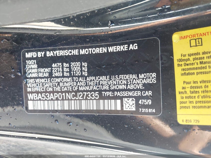 2022 BMW 430I VIN: WBA53AP01NCJ27335 Lot: 44597700