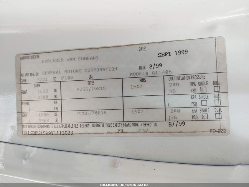 2000 Chevrolet Express Upfitter Pkg. VIN: 1GBFG15R9Y1113023 Lot: 44598597