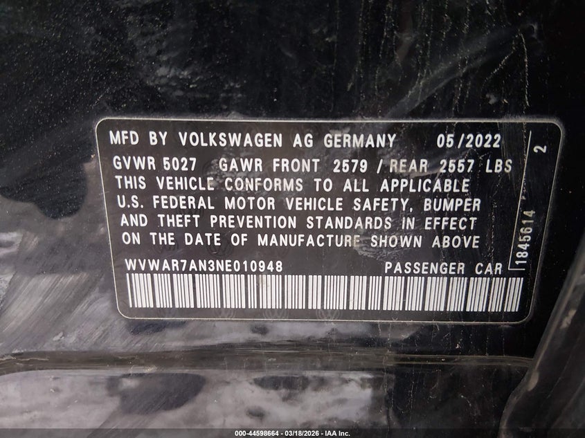 2022 Volkswagen Arteon 2.0T Sel R-Line VIN: WVWAR7AN3NE010948 Lot: 44598664