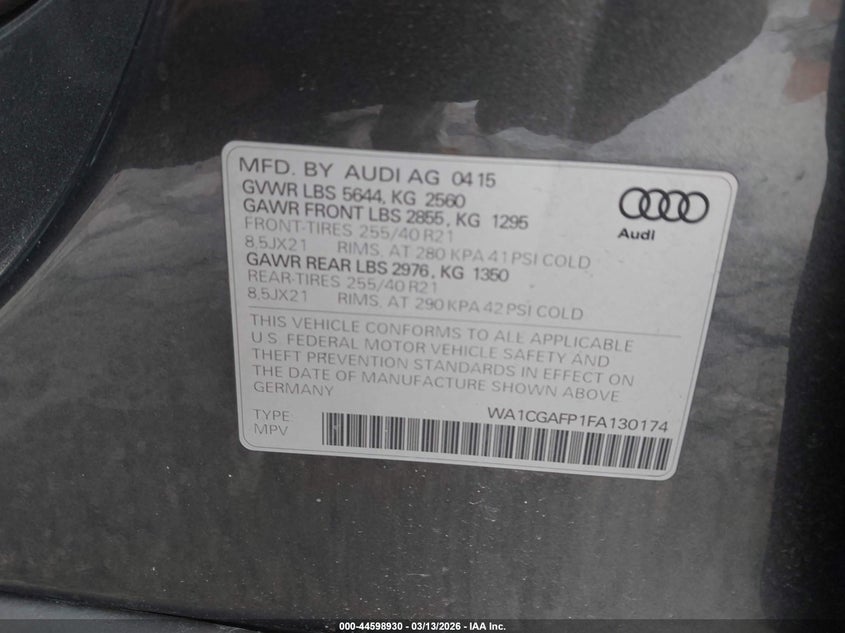 2015 Audi Sq5 3.0T Premium Plus VIN: WA1CGAFP1FA130174 Lot: 44598930