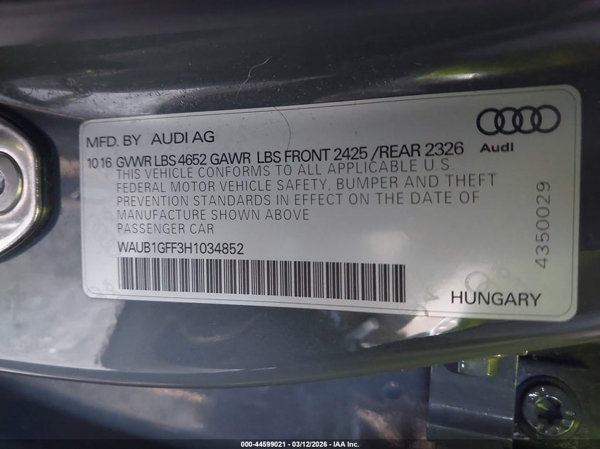 2017 Audi S3 2.0T Premium Plus VIN: WAUB1GFF3H1034852 Lot: 44599021