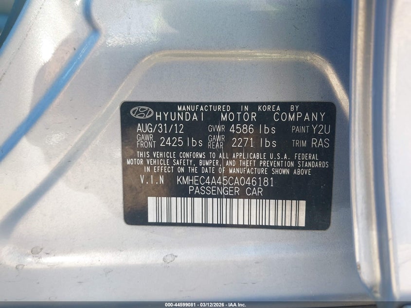 2012 Hyundai Sonata 2.4 Hybrid grey Lot 111044599081 Vin KMHEC4A45CA046181
