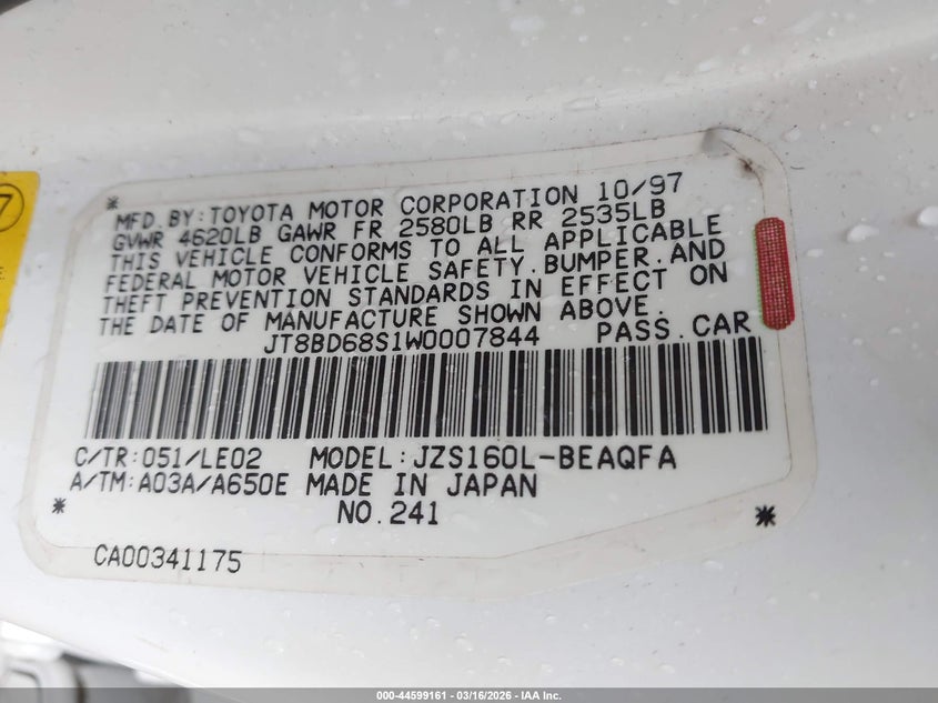 1998 Lexus Gs 300 VIN: JT8BD68S1W0007844 Lot: 44599161