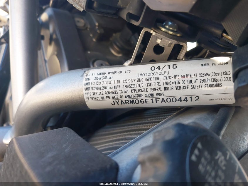 2015 Yamaha Fz07 VIN: JYARM06E1FA004412 Lot: 44599251
