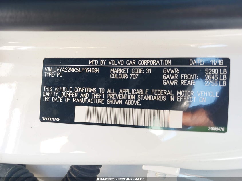 2020 Volvo S90 T6 Momentum VIN: LVYA22MK5LP164094 Lot: 44599329